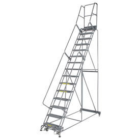 24"W 15 Step Steel Rolling Ladder 14"D Top Step, W/Cal OSHA Handrail
