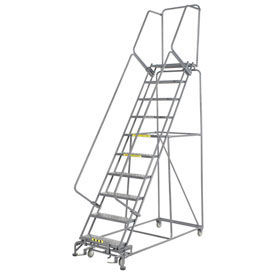Perforated 24"W 10 Step Steel Rolling Ladder 14"D Top Step, With Cal OSHA Handrail