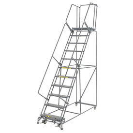Perforated 24"W 11 Step Steel Rolling Ladder 21"D Top Step, W/Cal OSHA Handrail