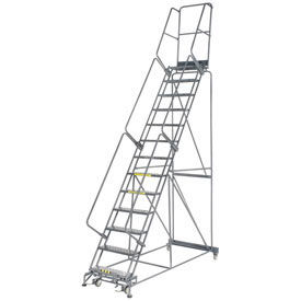 Perforated 24"W 13 Step Steel Rolling Ladder 14"D Top Step, with Cal OSHA Handrail
