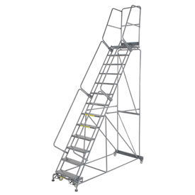 Perforated 24"W 13 Step Steel Rolling Ladder 21"D Top Step, with Cal OSHA Handrail