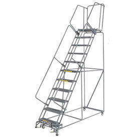 24"W 11 Step Steel Rolling Ladder 21"D Top Step, W/Cal OSHA Handrail