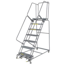 24"W 7 Step Steel Rolling Ladder 21"D Top Step, Lock Type B, W/Cal OSHA Handrail