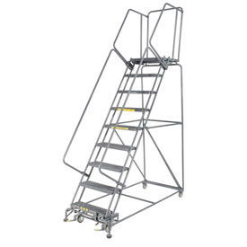 24"W 9 Step Steel Rolling Ladder 21"D Top Step, with Cal OSHA Handrail