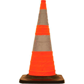 30" Collapsible Traffic Cone, 4 LED Lights, Orange, Black Rubber Base, 5/Pack