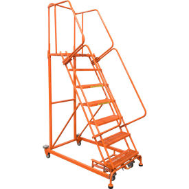 7 Step Orange Extra Heavy Duty Steel Rolling Ladder - Perforated Tread