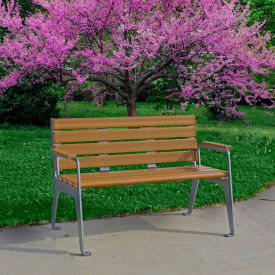4' Recycled Plastic Plaza Bench, Cedar Bench/Silver Frame
