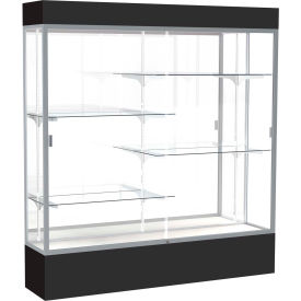 Lighted Display Case 72"W x 80"H x 16"D Mirror Back Satin Finish Black Base & Top