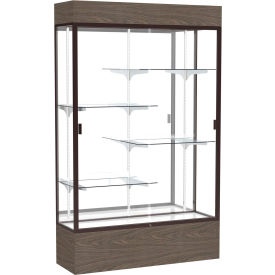 Lighted Display Case 48"W x 80"H x 16"D Walnut Base Mirror Back Dark Bronze Frame