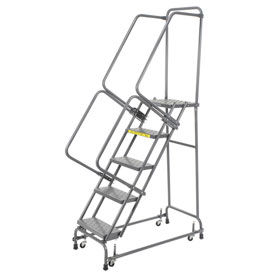 Perforated 24"W 5 Step Steel Rolling Ladder 14"D Top Step with Cal OSHA Handrail