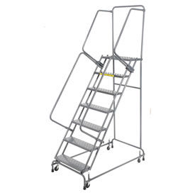 Perforated 16"W 7 Step Steel Rolling Ladder 14"D Top Step with Cal OSHA Handrail