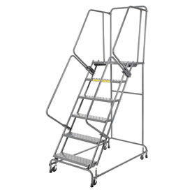 Perforated 16"W 6 Step Steel Rolling Ladder 14"D Top Step with Cal OSHA Handrail