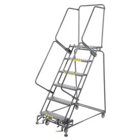 16"W 6 Step Steel Rolling Ladder 14"D Top Step with Cal OSHA Handrail