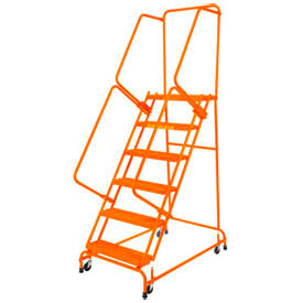 Perforated 24"W 5 Step Steel Rolling Ladder 14"D Top Step with Handrails - Orange with Cal OSHA Handrail