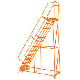 Perforated 24"W 11 Step Steel Rolling Ladder 14"D Top Step Lock Step Orange w/ Cal OSHA Handrail