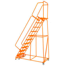 Perforated 24"W 10 Step Steel Rolling Ladder 14"D Top Step Lock Step Orange w/ Cal OSHA Handrail