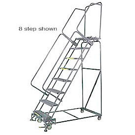 10 Step 24"Wx83"D Stainless Steel Rolling Safety Ladder - Perforated Tread with California OSHA Handrail