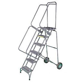 6 Step Stainless Steel Fold and Store Rolling Ladder - Perforated Tread with Cal OSHA Handrail