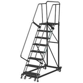 8 Step Extra Heavy Duty Steel Rolling Safety Ladder - Expanded Metal Tread with Cal OSHA Handrail