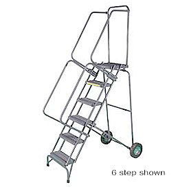 9 Step 16"W Steel Fold & Store Rolling Ladder, Heavy Duty Serrated Grating with Cal OSHA Handrail