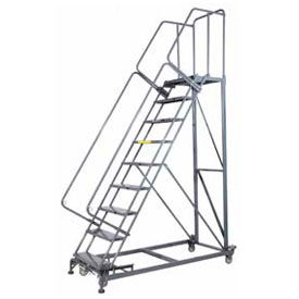 9 Step Extra Heavy Duty Steel Rolling Safety Ladder - Perforated Tread with Cal OSHA Handrail