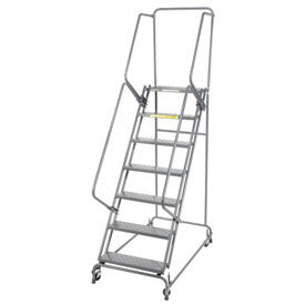 Perforated 24"W 7 Step Steel Rolling Ladder 14"D Top Step- Lock Style A with Cal OSHA Handrail