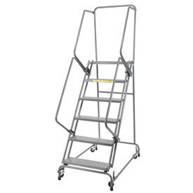 Perforated 24"W 6 Step Steel Rolling Ladder 14"D Top Step- Lock Style A with Cal OSHA Handrail