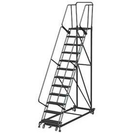12 Step Heavy Duty Steel Rolling Safety Ladder, Heavy Duty Serrated Grating w/ Cal OSHA Handrail