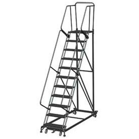 11 Step Steel Rolling Safety Ladder, Serrated Grating w/ Handrail