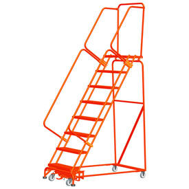 8 Step Steel Rolling Ladder w/ Weight Actuated Lock 16"W Serrated Step Orange -w/ Cal OSHA Handrail
