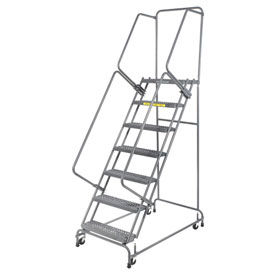 24"W 7 Step Steel Rolling Ladder 14"D Top Step- Lock Type A w/ Cal OSHA Handrail