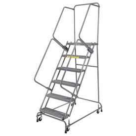 24"W 6 Step Steel Rolling Ladder 14"D Top Step- Lock Type A w/ Cal OSHA Handrail