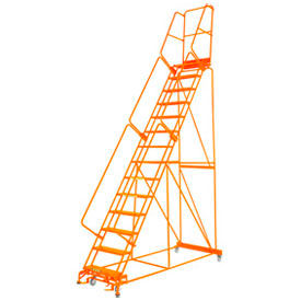 24"W 15 Step Steel Rolling Ladder 14"D Top Step Lock Step, Orange with Cal OSHA Handrail