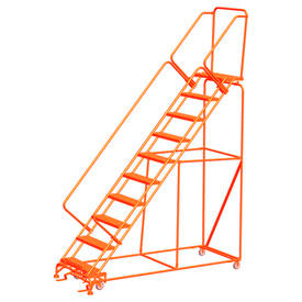 7 Step 24"W Steel Safety Angle Orange Rolling Ladder with Perforated Tread and Cal OSHA Handrail
