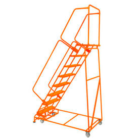 24"W 8 Step Steel Rolling Ladder 21"D Top Step Lock Step, Orange with Cal OSHA Handrail