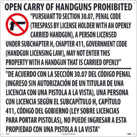 Texas Open Carry Handgun Law Prohibited Sign, Rigid Plastic, 24" x 24"