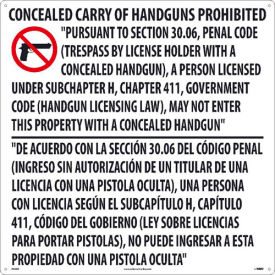 Texas Concealed Handgun Law Prohibited Sign, Rigid Plastic, 24" x 24"