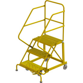3 Step 24"W Steel Safety Angle Rolling Ladder, Grip Strut, Safety Yellow