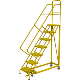 7 Step 16"W Steel Safety Angle Rolling Ladder, Perforated Tread, Safety Yellow