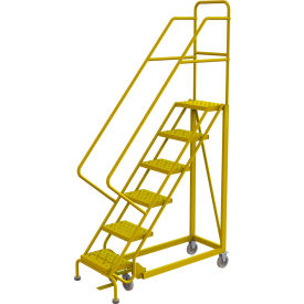 6 Step 16"W Steel Safety Angle Rolling Ladder, Perforated Tread, Safety Yellow
