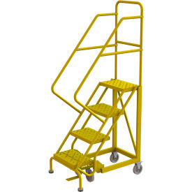 4 Step 16"W Steel Safety Angle Rolling Ladder, Perforated Tread, Safety Yellow