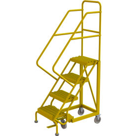 4 Step 16"W Steel Safety Angle Rolling Ladder, Grip Strut, Safety Yellow