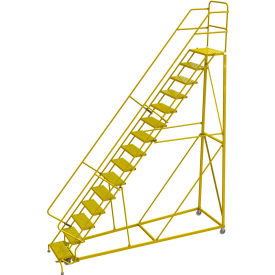 15 Step 24"W Steel Safety Angle Rolling Ladder, Perforated Tread, Safety Yellow
