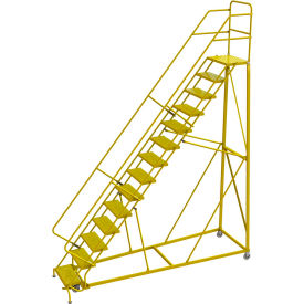 14 Step 24"W Steel Safety Angle Rolling Ladder, Perforated Tread, Safety Yellow
