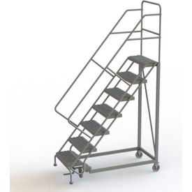 7 Step 16"W Steel Safety Angle Rolling Ladder, Perforated Tread, Gray