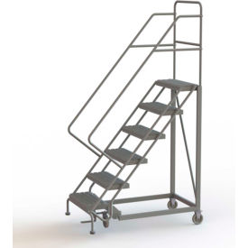 6 Step 16"W Steel Safety Angle Rolling Ladder, Perforated Tread, Gray