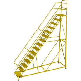 15 Step 24"W Steel Safety Angle Rolling Ladder, Grip Strut, Safety Yellow