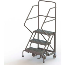 3 Step 24"W Steel Safety Angle Rolling Ladder, Grip Strut, Gray