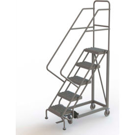 5 Step 16"W Steel Safety Angle Rolling Ladder, Grip Strut, Gray