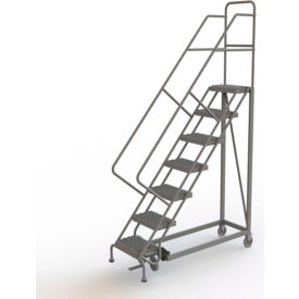 7 Step 16"W Steel Safety Angle Rolling Ladder, Grip Strut, Gray
